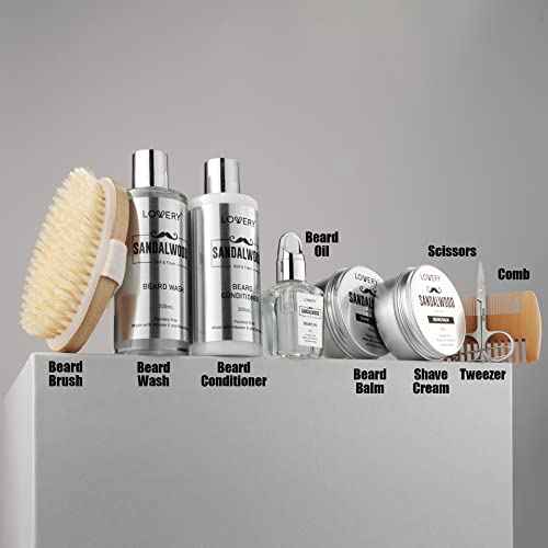 Christmas Mens Gifts, Sandalwood Beard Grooming Kit, Mens Grooming Kit for Boyfriend Dad, Him, 11pc Beard Straightener for Men Beard Care, Beard Growth and Trimming Gift, Beard Wash Growth Oil & More