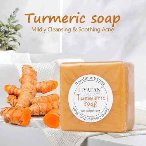 LIYALAN Turmeric Soap Bar 3.88 oz each Bar for Face and Body evens out skin tone,Smooth Skin,Cleansing Handmade Soap contains 3 bars with a fresh ginger and lemongrass scent