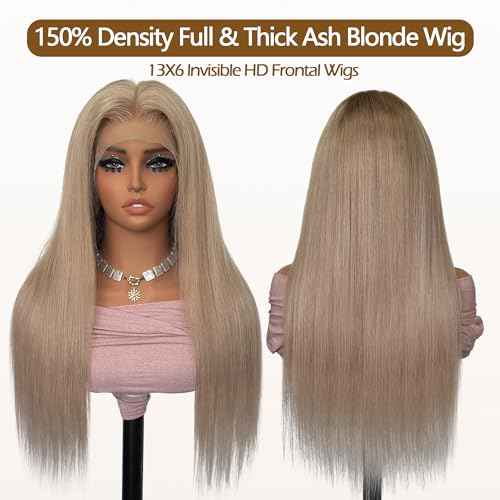 Ash Blonde Straight Lace Front Wigs for Black Women Pre Plucked Ash Blonde Wig Human Hair 13x6 Transparent Lace Front Wigs Human Hair Colored HD Lace Frontal Wig 24 Inch