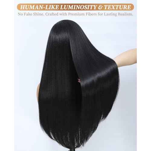 Latasha 13x6 Synthetic Lace Front Wig for Black Women Straight HD Lace Frontal Wigs Pre Plucked Wear and Go Glueless Wigs for White Women 28 inch Long Black Wig (Off Black 1B)