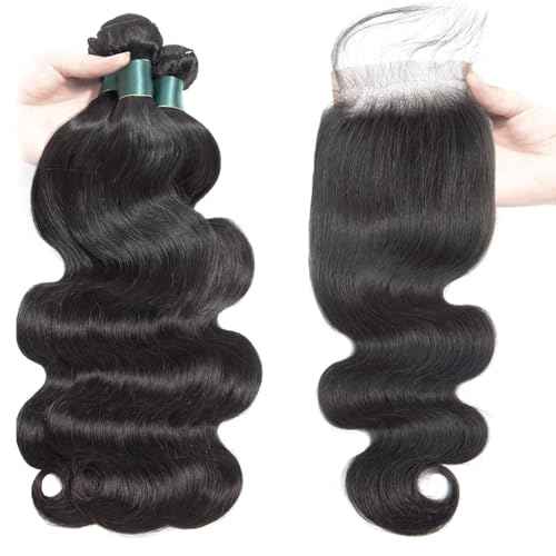 12A Bundles With Closure Human Hair 16 18 20+14 Inch,Body Wave Human Hair Bundles With 4X4 Hd Lace Closure,100% Unprocessed Brazilian Virgin Hair Weave Natural Black Color