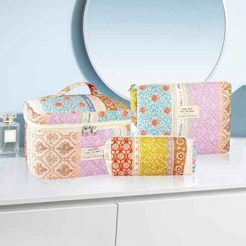 3Pc Cotton Quilted Makeup Bags for Women Large Small Coquette Floral Travel Cosmetic Bag Set Aesthetic Cute Flower Makeup Pouch Portable Toiletry Bag Puffy Essential Storage Organizer Bag