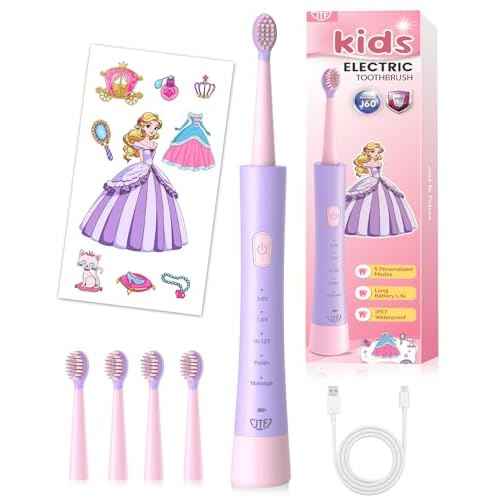 JTF Kids Electric Toothbrush Rechargeable: Sonic Tooth Brush with Smart Timer 5 Brushing Modes 4 Soft Brush Heads IPX7 Waterproof and DIY Sticker, Portable Pink Children Toothbrushes for Girl, Ages 3+