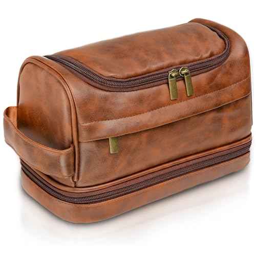 Toiletry Bag for Men, Large Leather Travel Essentials Shaving Kit, Water Resistant Bathroom Toiletries Organizer Cosmetic Bags, Gifts for Men, Him, Father, Dad, Husband, Son, Boyfriend, Grandpa