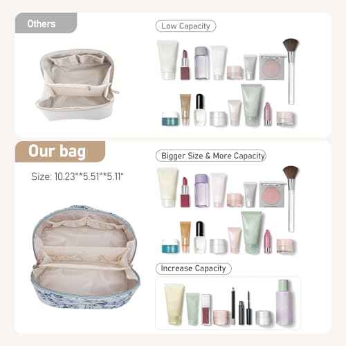 Large Capacity Cosmetic Bag for Women, Waterproof PU Leather Makeup Bag for Travel,Toiletry Bag Make up Organizer with Divider and Handle (Blue)