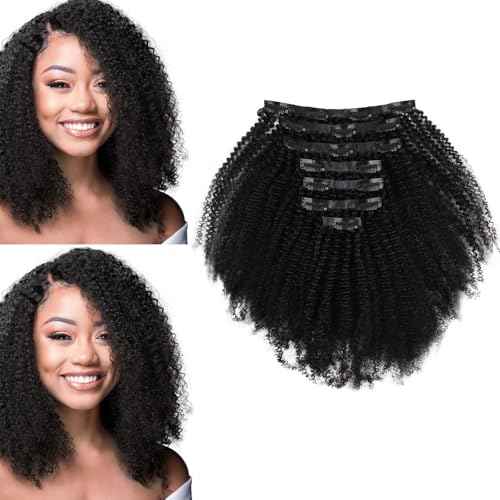 Sassina Curly Clip in Remy Human Hair Extensions PU Seamless Virgin Brazilian Afro Real Human Hair Extensions Clip in Natural Black 20 Inch Double Weft Clip on Hair Extensions 7PCS 120G