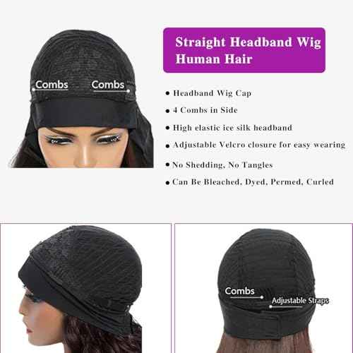 Headband Wig Human Hair Straight Chocolate Brown 18 Inch Headband Wigs for Black Women Glueless None Lace Front Wig Brazilian Virgin Human Hair Wigs 150% Density
