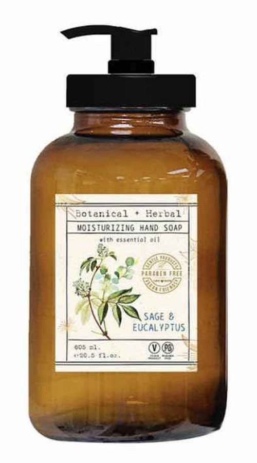 Home and Body Company Botanical + Herbal Hand Soap 22FL/605ml Infused with Essential Oils, Made in a Amber GLASS BOTTLE (Sage Eucalyptus)