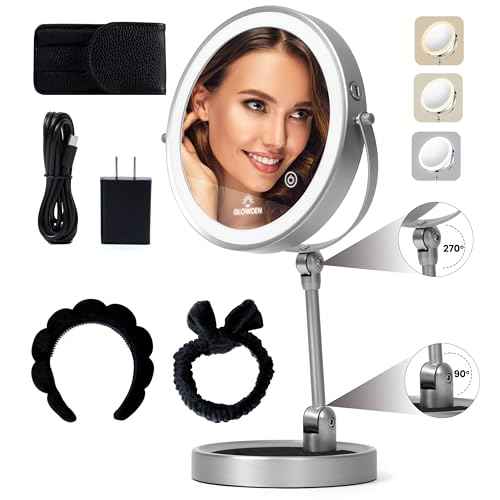 Smart 9" LED Light Makeup Mirror, Rechargeable, 1X/10X Magnifying Vanity Mirror with 3 Color Lights, Height Adjustable, Large Tall 360¡Æ Swivel Double Sided Standing Travel Mirror (Nickel)