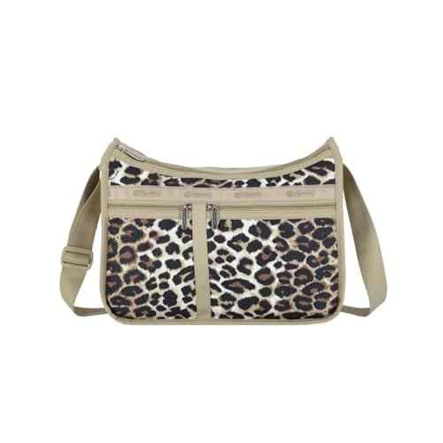 LeSportsac Flaxen Leopard Deluxe Everyday Crossbody Bag + Cosmetic Bag, Style 7507/Color U299, Fashion Trending Modern Abstract Interpretative Leopard Design in Cocoa, Palomino & Sleek Black
