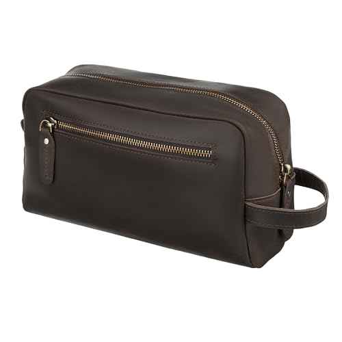 Awesometik Mens Travel Bag Toiletries Organizer Case for Grooming, Toiletry Bag for Men, Travel Essentials Shaving Dopp Kit, Geniune Leather Water Resistant Cosmetic Bag Pouch (Dark Brown)