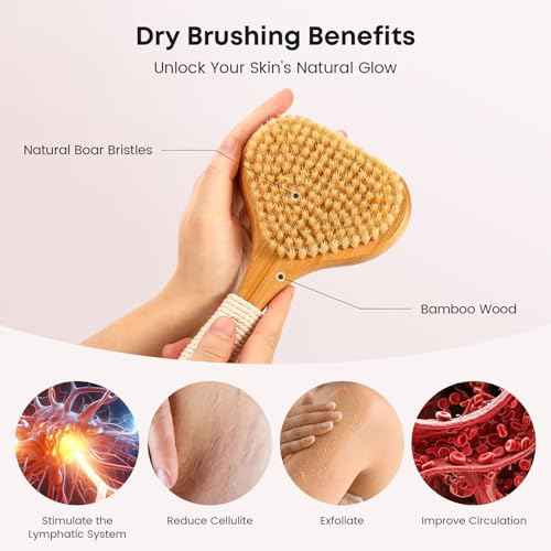 Bamboo Dry Brushing Set with Body and Face Brush, Dry Scrub Brush with Exfoliating Natural Boar Bristle for Lymphatic Drainage, Cellulite Reduction, Blood Circulation and Glowing Skin, 2 Pack