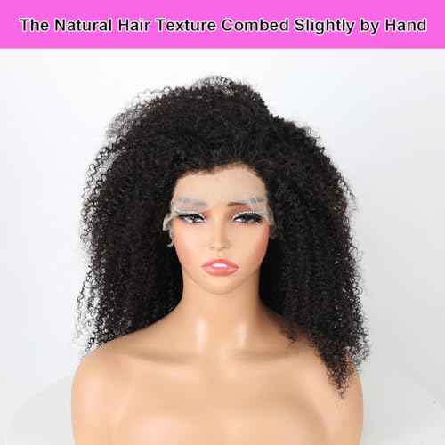 Domiso 13x6 Lace Front Wigs Human Hair Afro Wig 200% Density Afro Kinky Curly Transparent Lace Frontal Wigs for Women Glueless Wigs Human Hair Knots Bleached Pre Plucked with Baby Hair 16 Inch