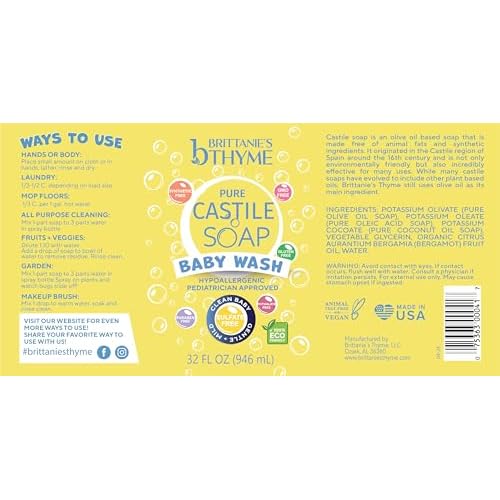 Brittanie¡¯s Pure Castile Liquid Soap Refill, Baby, 32 Ounce Pack of 2 | Dish Soap, Hair & Body, Home, Gentle and Pure, Made with Natural Luxurious Oils, Vegan & Gluten Free Non-GMO