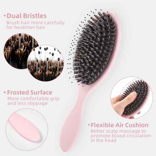 Boar Bristles Hair Brush for Women and Men, Detangling Hair Brush for Smoothing Massage Add Shine, Nylon&Boar Bristles Detangler brush for Hair Healthy (1 Pack-Pink)