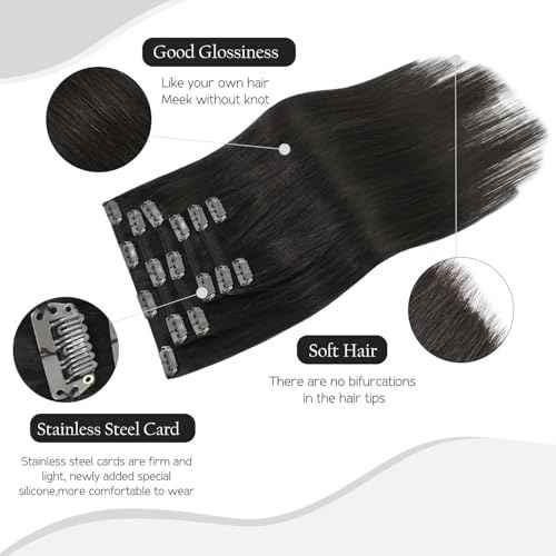 HUAYI Dark Brown Clip in Hair Extensions Real Human Hair 120G Remy Human Hair Clip in Extensions Soft Silky Straight for Women 7pcs 16clips 14 Inch Brown Hair Extensions