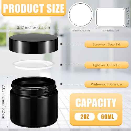 Layhit 60 Pcs 2 oz Glass Jars with Lids Bulk, Small Jars Containers Travel Storage Jar with Inner Liners Labels for Candle Scrubs, Lotions, Cream, Lip Balm (Black,Black Lid)