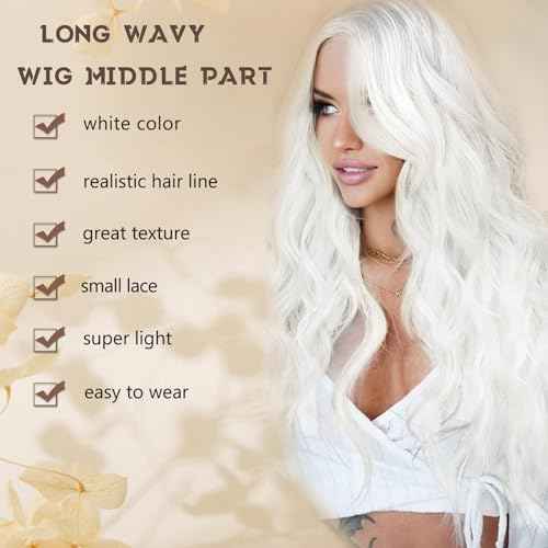 White Wig for Women, Long White Wavy Wig Middle Part 26 Inch Heat Resistant Synthetic Wigs for Daily Party Use
