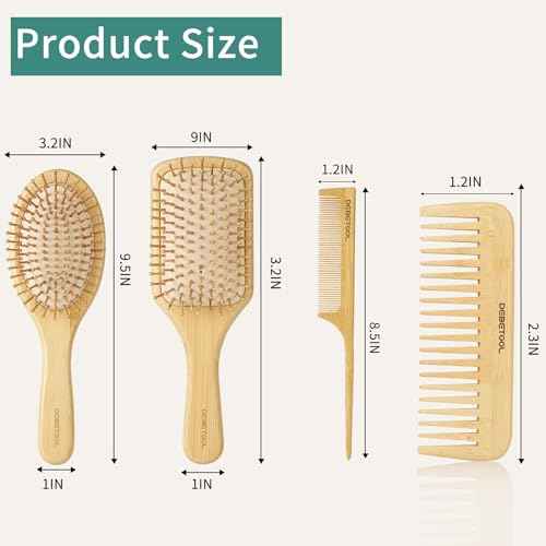 Bamboo Hair Brush Set - Natural Bamboo Paddle Detangling Hairbrush and Comb Set, Suit for Thick/Thin -Gift for Women Men and Kids