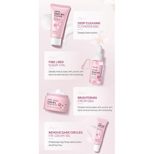 Travel Skincare Kit (4PC) - JAPAN SAKURA Gentle Daily Routine Set for Teen Girls & Women, Includes Hydrating Cleanser, Anti-Aging Serum, Essence & Eye Cream, Sensitive Skin & Holiday Gift