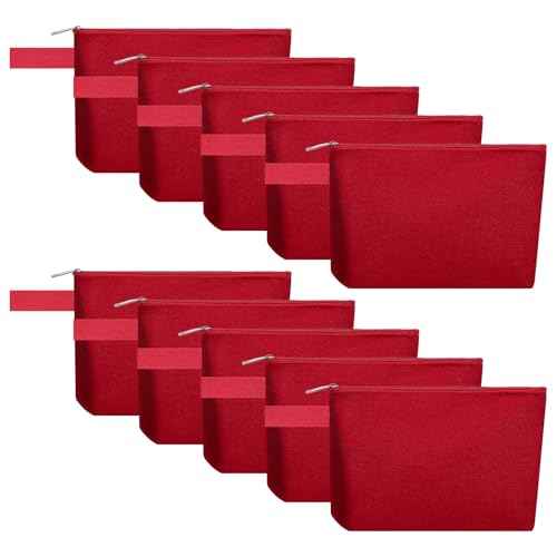 10 Pieces Cotton Canvas Makeup Bag with Bottom and Strap, Multi-Purpose Cosmetic Bag with Zipper Travel Toiletry Pouch, Blank DIY Craft Bag (Red, XS)