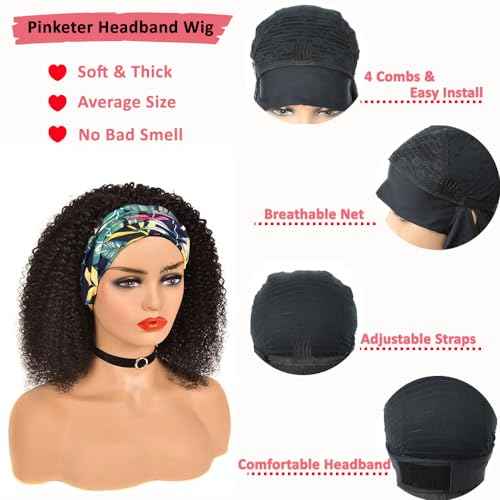 Headband Wig Human Hair Kinky Curly None Lace Front Wig 150% Density Glueless Wigs for Black Women Natural Color (Headband Wig, 18inch)