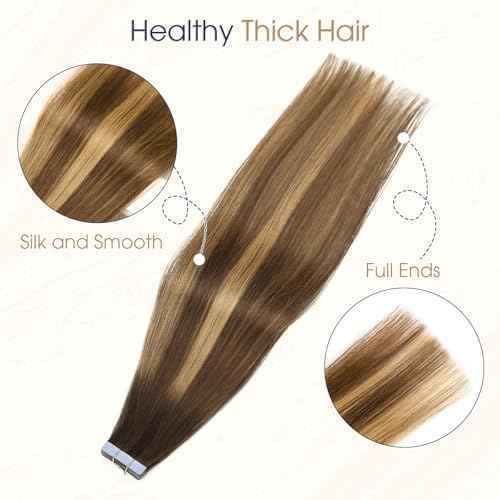 LADY MIRANDA Tape in Hair Extensions Human Hair 100% Remy Hair Extensions 20 Inch 20 Pcs 50g/pack Tape in Extensions Seamless Invisible Long Lasting Tape ins Hair Extension (T4/27, 20 Inch)