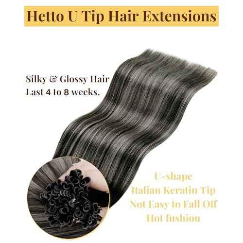 Hetto Ktip Human Hair Extensions Balayage K Tips Hair Extensons Real Human Hair Black to Silver Grey U Tip Hair Extensions Straight 14 Inch 50G 50S