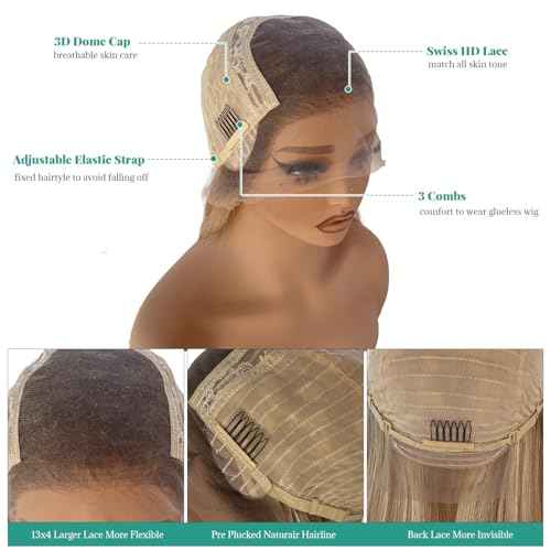 Ash Blonde Highlight Wig Human Hair, Wear and Go Glueless 13x4 Frontal Wig Ombre Colored Balayage Blonde with Brown Lace Front Wigs Human Hair 180% Density Thick Ends Free Part Lace Wigs for Women 22"