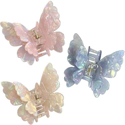 Butterfly Hair Clips 2.6 inch Medium Cute Hair Claw Clips for Women Girls Styling - 3 Pack (Blue + Yellow + Pink)