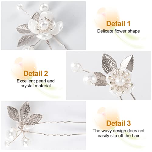 ANCIRS 6 Pack Pearl Bridal Wedding Hair Styling Pins, Vintage Leaves Style Bride Head Piece, U Shape Rhinestone Flower Classic Hair Accessories for Women & Girls Wedding Bridesmaids Hairstyles- Silver