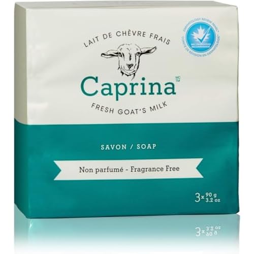 Caprina Fresh Goat¡¯s Milk Bar Soap, FRAGRANCE FREE, (3-Pack), 3.2 oz (90 g) Each, Gentle Daily Cleanser, Softening & Biodegradable Formula, No Phosphates or Parabens