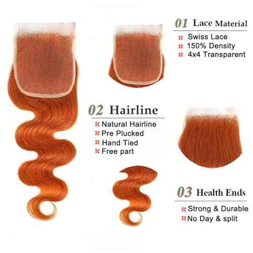 Ginger Human Hair Bundles with Closure Body Wave 16 18 20+16 IN 350 Orange Colored Bundles Human Hair with 4x4 HD Closure Free Part Soft Thick