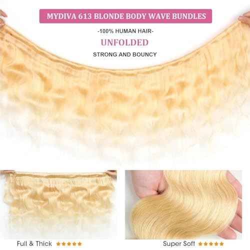 613 Blonde Body Wave Human Hair Bundles - 100% Unprocessed Virgin, 22 inch Weave Extensions