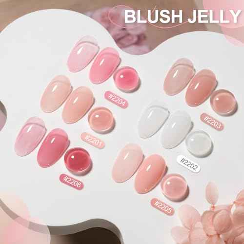 GAOY 6 Colors Rubber Base Gel Set, Jelly Builder Base Nail Gel Nude Sheer White Pink, 2-in-1 Soak Off Nail Strengthener, Blush Jelly