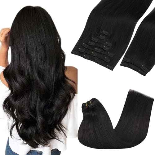 GOO GOO Clip in Hair Extensions Real Human Hair, Remy Human Hair Extensions Clip ins for Women, Natural Human Hair, 22inch 150g 9Pcs, 1B Natural black