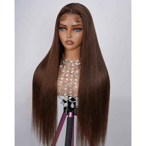 Wear and Go Glueless Wigs Human Hair Pre Cut 200% Density 5x5 HD Lace Closure Wigs Human Hair Pre Plucked with Baby Hair 12A Chocolate Brown Straight Lace Front Wig 4# 22 Inch