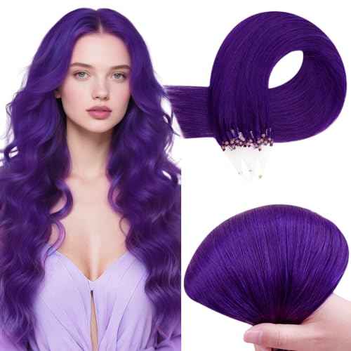 RUNATURE 22 Inch Microbead Hair Extensions Purple Human Hair, Micro Link Extensions Pre Bonded Microloop Long Colorful Purple Hair Extensions for Highlight Party 25g 25s