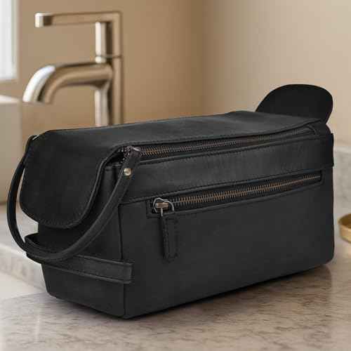 Genuine Leather Travel Toiletry Bag for Men & Women ? Unisex Water-Resistant Travel Dopp Kit, Shaving Organizer & Compact Bathroom Essentials - Midnight Black