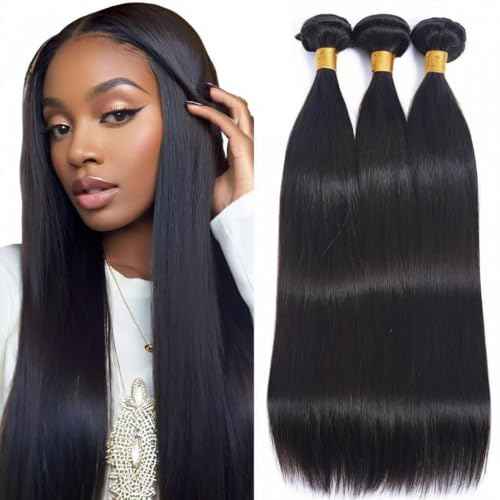 12A Human Hair Bundles 16 18 20 Inch 3 pcs Straight Bundles Human Hair 100% Unprocessed Brazilian Remy Virgin Hair Extensions Raw Quick Weave Sew In Glossy Billion Hair Bundles Natural Black