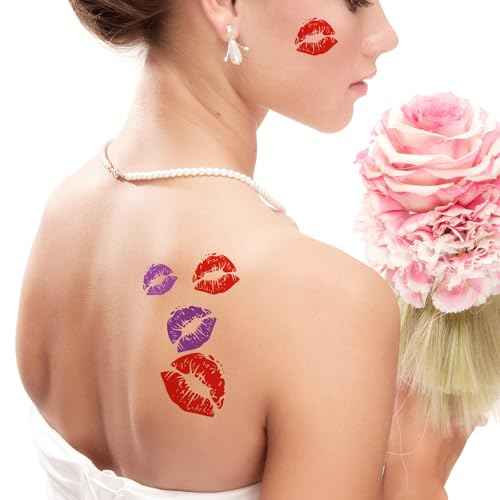 Kiss Lips Temporary Tattoos ? 8 Sheets Kiss Mark Temporary Tattoos for Women Men ? Ideal for Halloween, Festivals, Parties, Mother's Day, Valentine's Day
