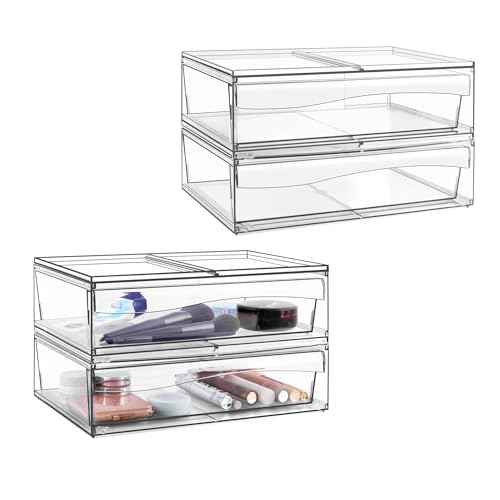 Homeanda 4 Pack Clear Stackable Storage Drawers, 12.1''W Acrylic Plastic Organizers for Makeup, Nail Polish, Snacks, Beauty Supplies, Ideal for Vanity, Bathroom, Undersink, Cabinet, Desk Organization