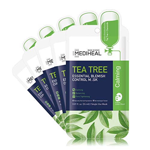 Mediheal Official [Korea's No 1 Sheet Mask] - Tea Tree Essential Blemish Control Mask - Skin Soothing & Sebum Control Mask Pack for Sensitive Oily Skin(5 Masks)