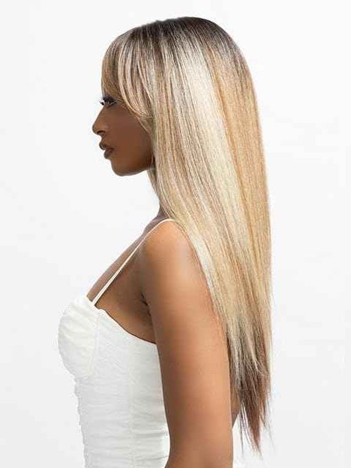 Janet Collection melt VEIL BANG HD 360 HUMAN HAIR BLEND PRIME UNIMIX Hand-Tied 13X6 Frontal with HD 360 Glueless Transparent Lace DOMI Wig (COLOR #DR CHOCO)