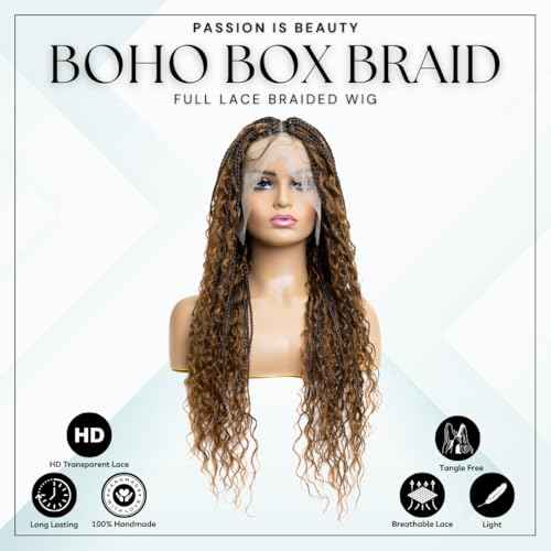 PIB 24'' Full Lace Bohemian Box Braid Wig - Knotless Braided Wigs for Black Women - Synthetic Braided Wig with Natural Baby Hair - Off Black and Brown #1B30