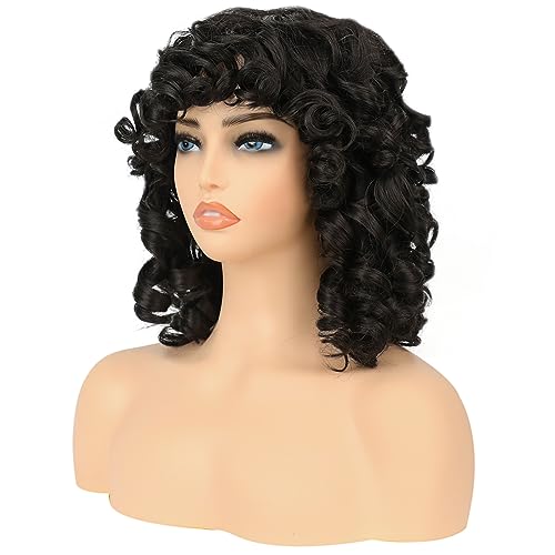 HUAISU Short Black Curly Kinky Wig with Bangs Synthetic High Density Shoulder Length Deep Wave Density Wig for Women One Piece Heat Resistant Fluffy Cosplay Wig (Black, 14inch)