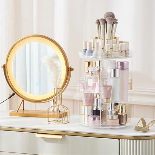 SUNFICON Rotating Makeup Organizer 360 Rotation Cosmetic Storage Holder Crystal Clear Acrylic Makeup Turntable Spin Display Stand Bathroom Bedroom Countertop Vanity Dressing Table Gift Girl Lady Women