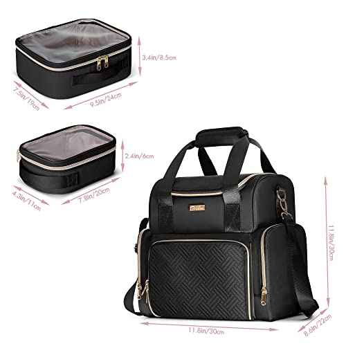 Large Cosmetic Bag with 3 Removable Case, Double Layer Travel Organizer with Inner Dividers and Makeup Brushes Storage Section, Black (Patented Design)