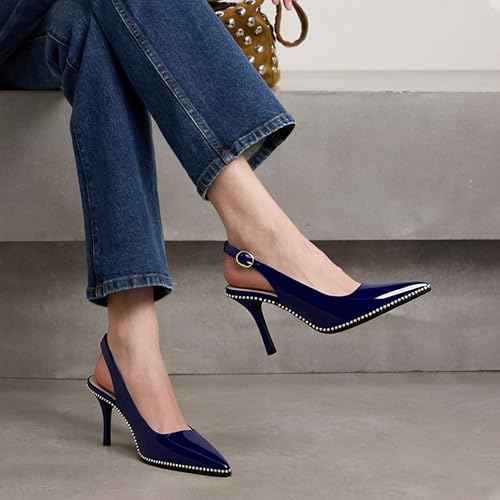 Zamikoo Women Beaded Pumps High Heel Slingback Pointed Toe Slip On 3.5 Inch Stilettos Ankle Strap Adjustable Buckle Patent Leather US Size 5 -Size 13