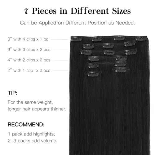 HOTBANANA Human Hair Clip in Hair Extensions, Natural Black 120g Clip in Hair Extensions Real Human Hair Straight Remy Hair 20 Inch 7pcs